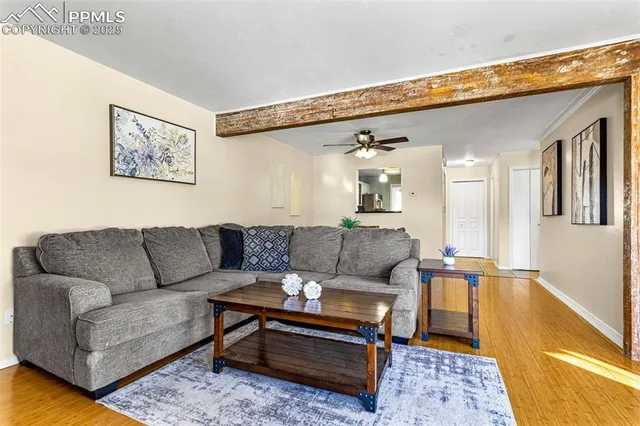 a living room with furniture and a rug