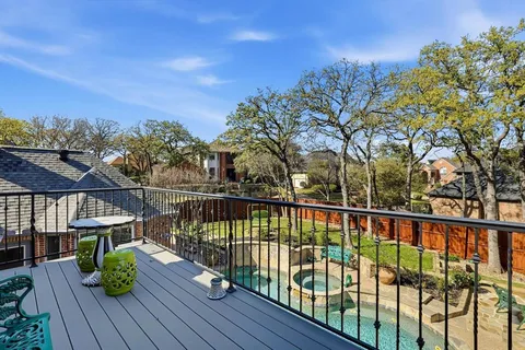 an aerial view of a house with a swimming pool