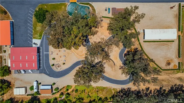 a view of swimming pool with lawn chairs and plants