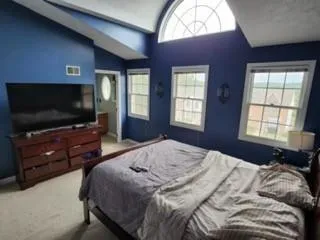 a bedroom with a bed and a flat screen tv