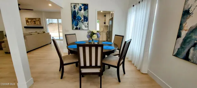 a view of a dining room with furniture and wooden floor