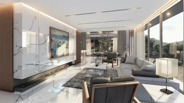 a view of a dining room with furniture