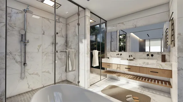 a bathroom with a tub sink and mirror