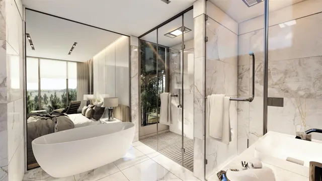 a bed room with a bed and a large window