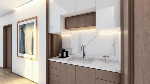 a view of a living room and bathroom