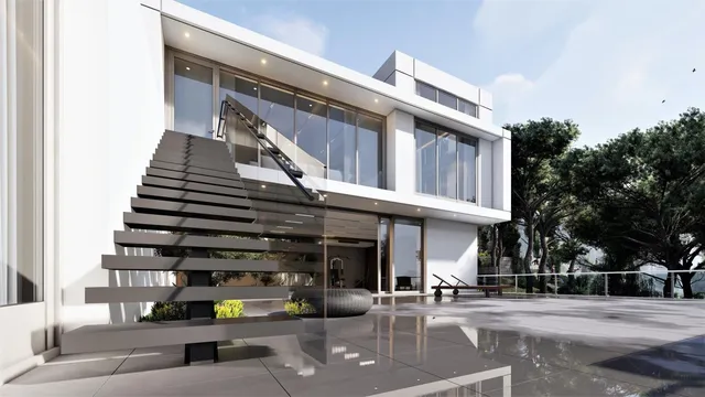 a terrace with outdoor seating and trees