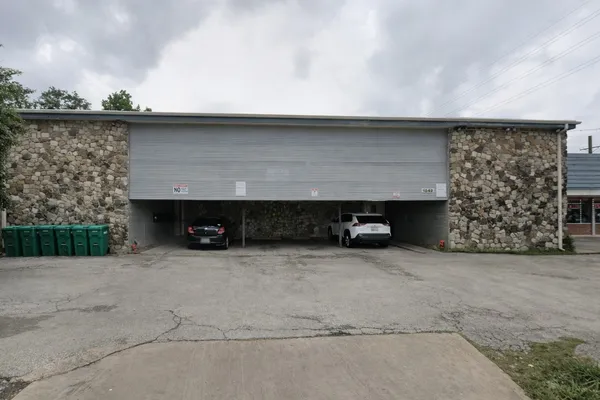 an old building with a stove