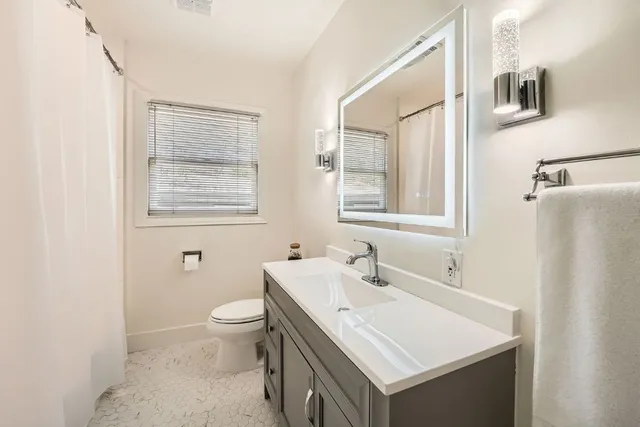 a bathroom with a sink toilet and mirror