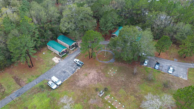 a view of a city with lush green forest