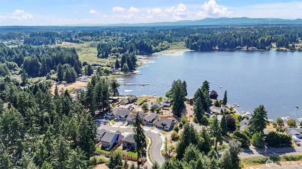an aerial view of city and lake with trees