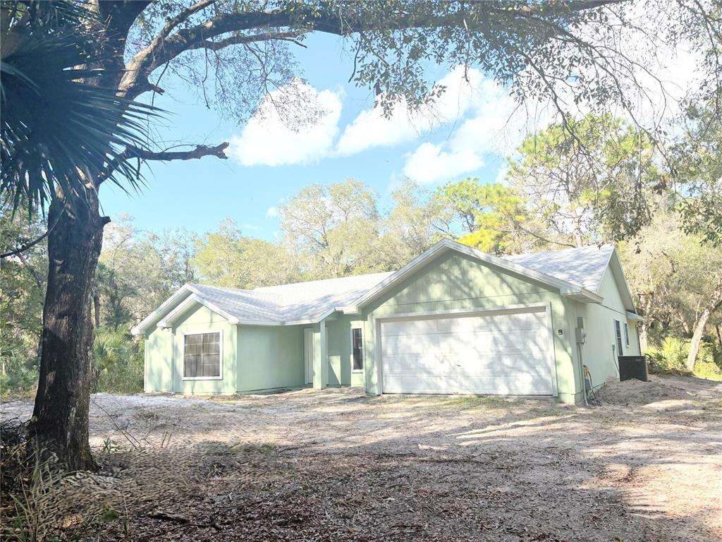 a view of a house with a yard and large tree