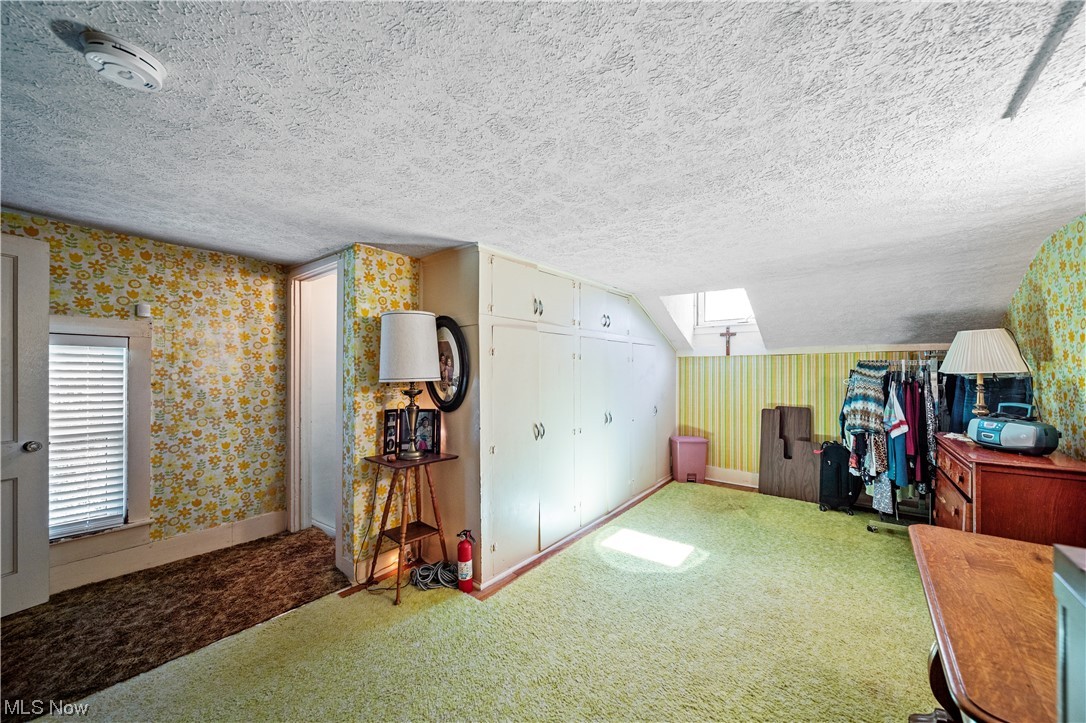 6863 Barrett Road Geneva, OH 44041 - Photo 21 of 35 Home office with lofted ceiling with skylight, light carpet, and a textured ceiling