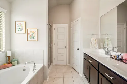 a bathroom with a tub sink and mirror