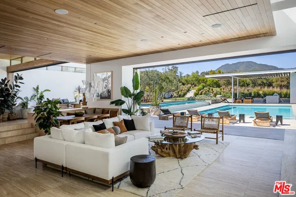a living room with patio furniture and a potted plant