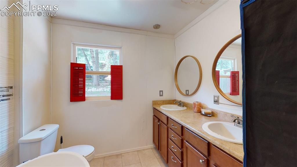 9955 Mesa Road Cascade, CO 80809 - Photo 18 of 30 a bathroom with a toilet sink and mirror