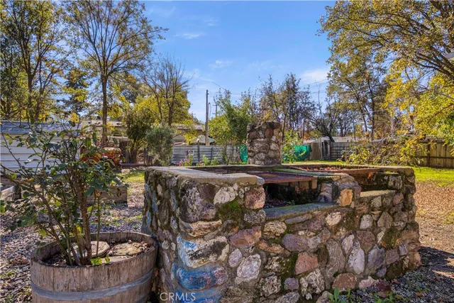 a view of a yard with plants and trees
