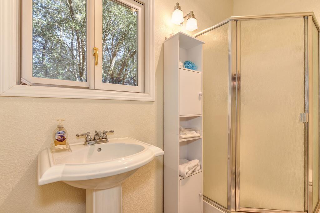 24200 Golden Ridge Drive Volcano, CA 95689 - Photo 55 of 58 a bathroom with a sink a mirror and a shower