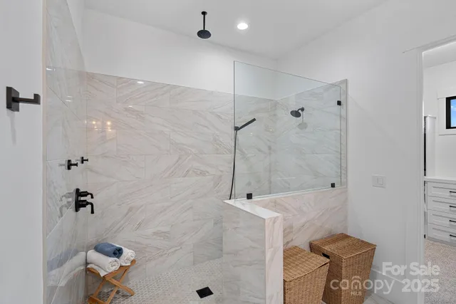a bathroom with a shower and a toilet