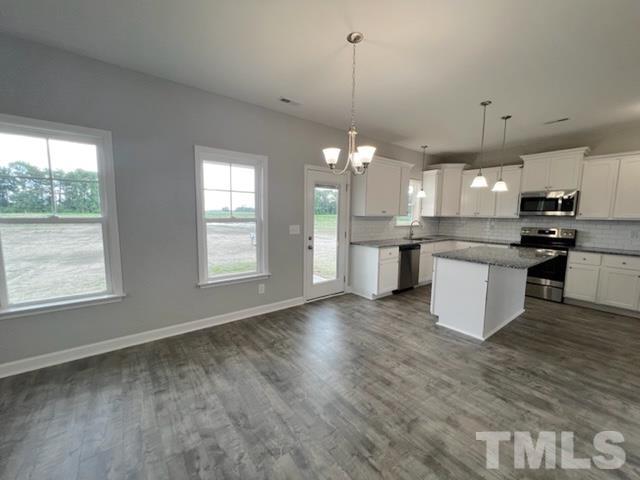 620 Ballance Road Fremont, NC 27830 - Photo 14 of 40 a large kitchen with stainless steel appliances granite countertop a stove a sink dishwasher a refrigerator white cabinets and wooden floor