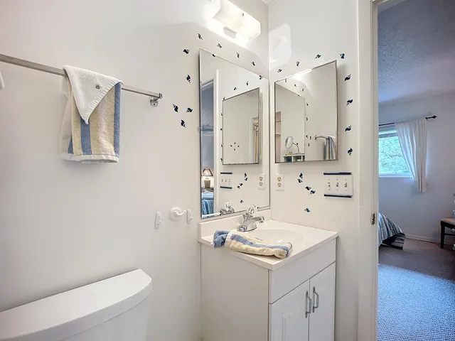 a bathroom with a sink a toilet a mirror and shower