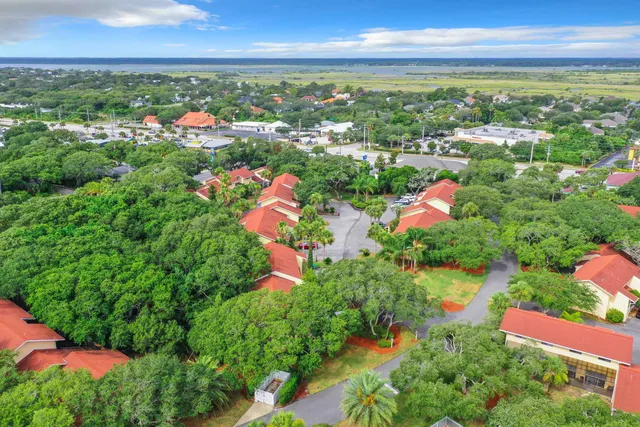 an aerial view of residential houses with outdoor space and city view