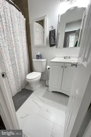 a bathroom with a sink toilet and mirror