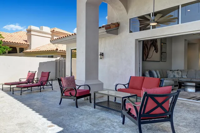 an outdoor view with patio