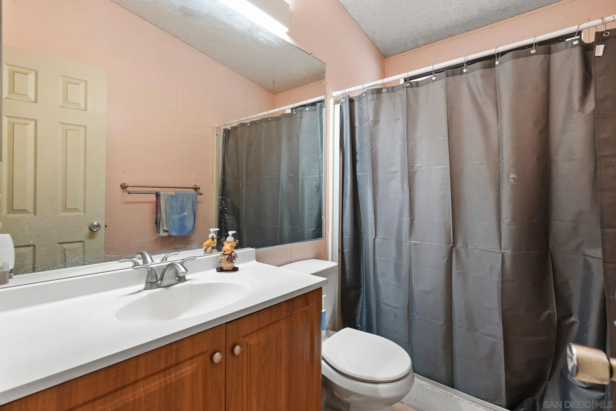 1070 Harris Ranch Road Potrero, CA 91963 - Photo 24 of 58 a bathroom with a sink a toilet a mirror and shower curtain