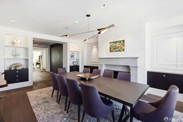 a view of a dining room with furniture