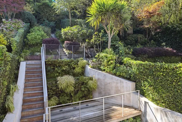 a view of a backyard with potted plants