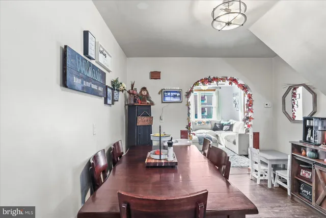a view of a dining room with furniture