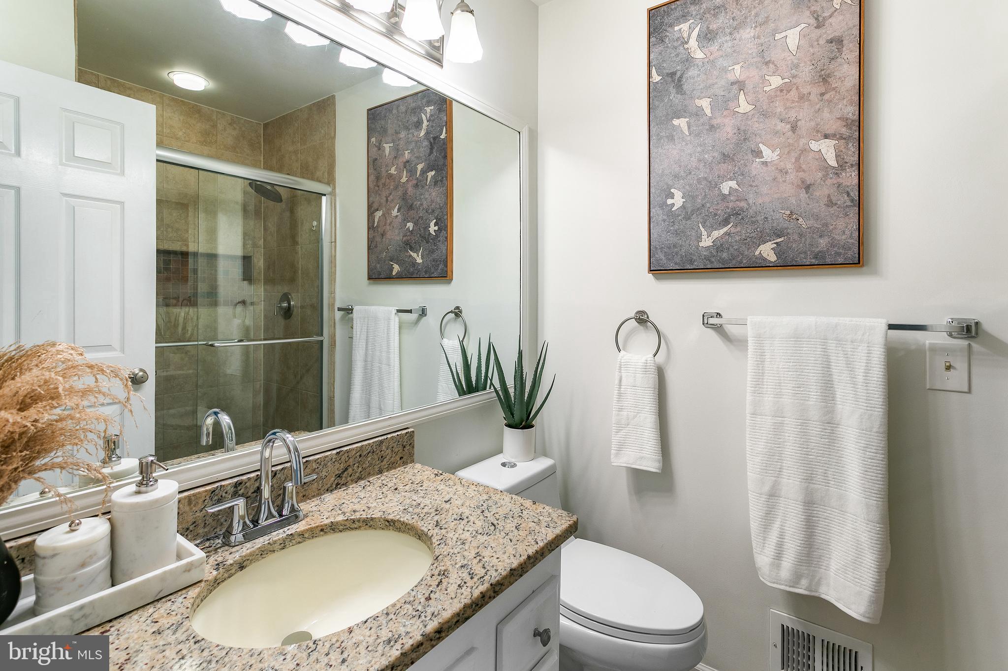 6542 Cypress Point Road Alexandria, VA 22312 - Photo 14 of 31 a bathroom with a granite countertop sink toilet and shower