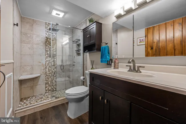 a bathroom with a sink a toilet and shower