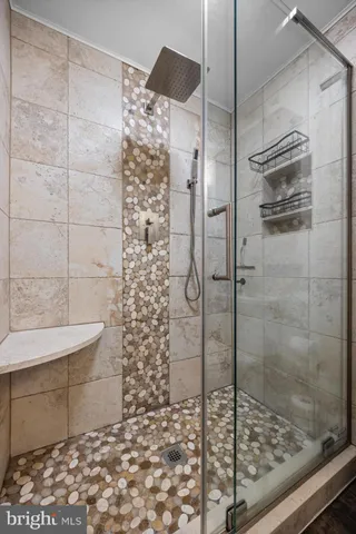 a bathroom with a shower and a toilet