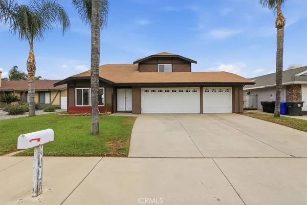 a view of a house with a yard potted plants and a large tree