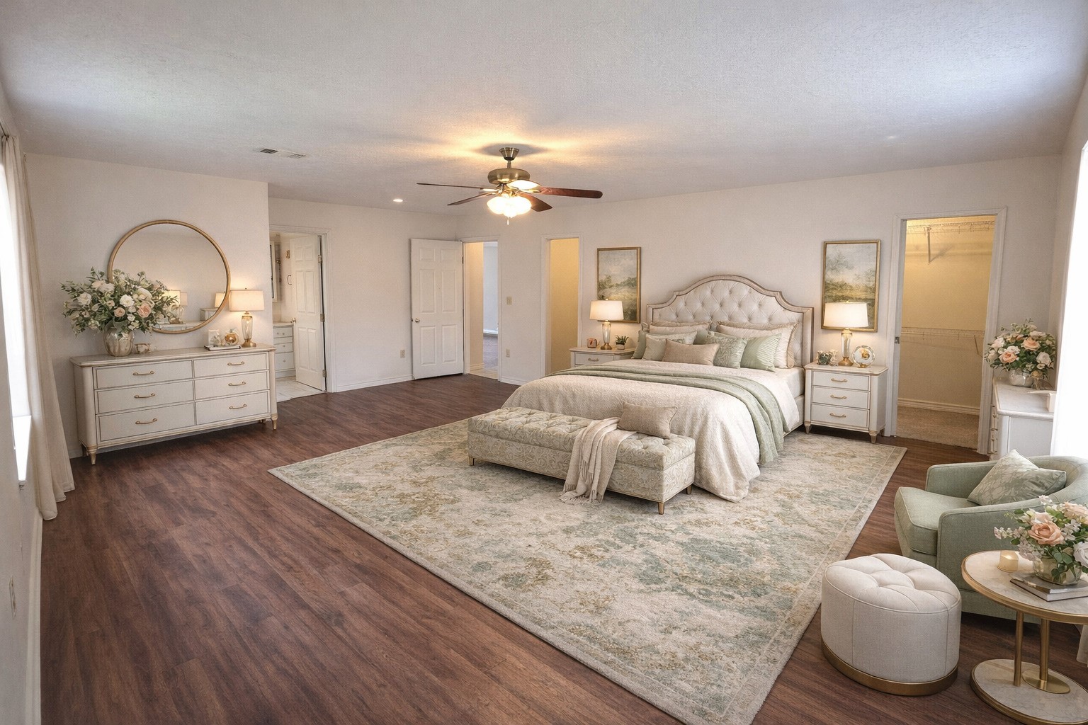 418 Texas Street Tomball, TX 77375 - Photo 5 of 23 This space features the master bedroom. Please note that this image has been enhanced and edited with AI to add furniture and other items. Image does not represent actual property as is.