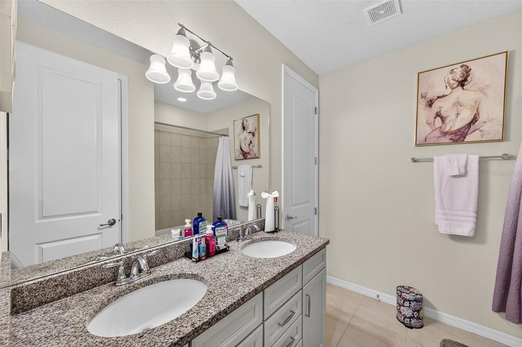 5706 Esker Falls Lane Lithia, FL 33547 - Photo 41 of 76 a bathroom with a granite countertop sink a mirror and a shower