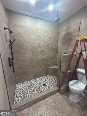 a bathroom with a toilet and a shower