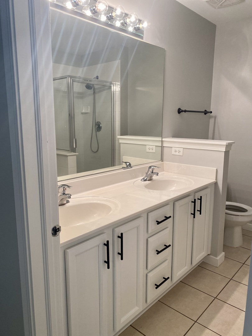 2402 Georgetown Circle Aurora, IL 60503 - Photo 9 of 10 a bathroom with a granite countertop sink a large mirror and a