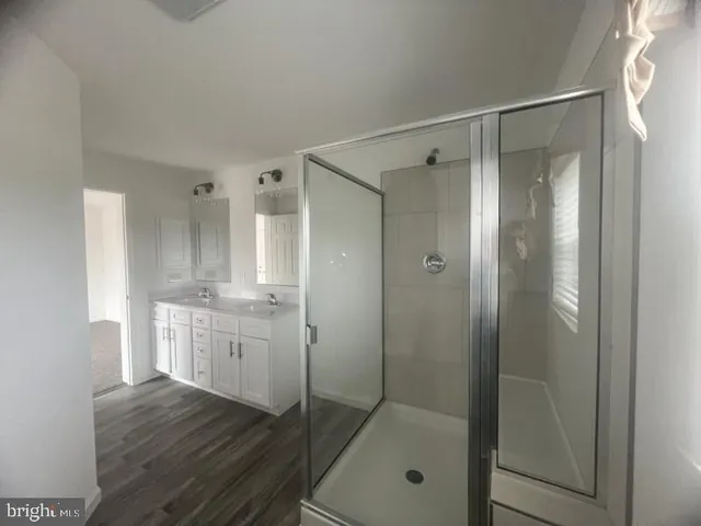 a bathroom with a granite countertop shower sink and mirror