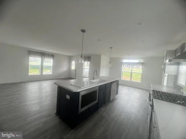 a kitchen with stainless steel appliances granite countertop a sink a stove and wooden floor