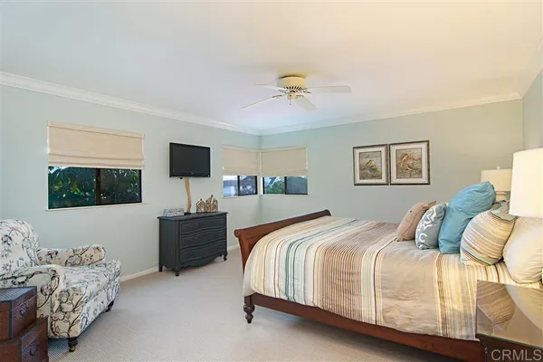 a bedroom with bed tv and a couch