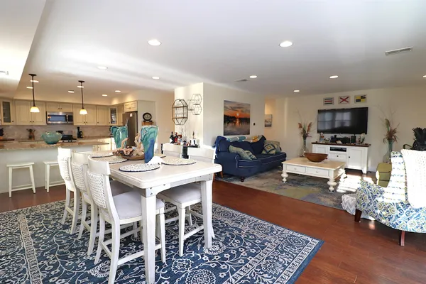 a view of a dining room with furniture