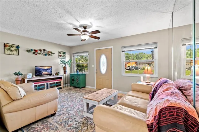 a living room with furniture ceiling fan and a rug