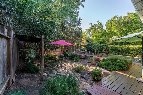a view of a backyard with plants and a patio