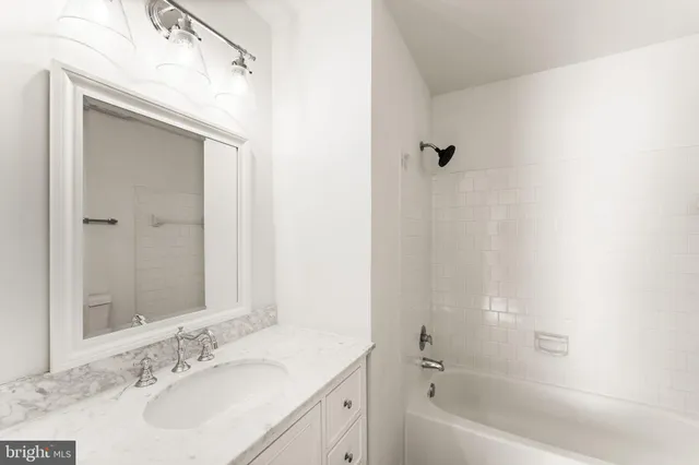 a bathroom with a bathtub shower sink vanity and a mirror