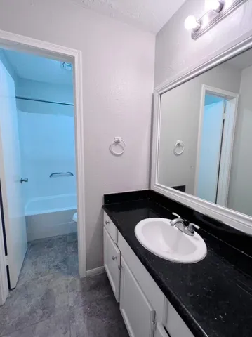a bathroom with a sink and a mirror