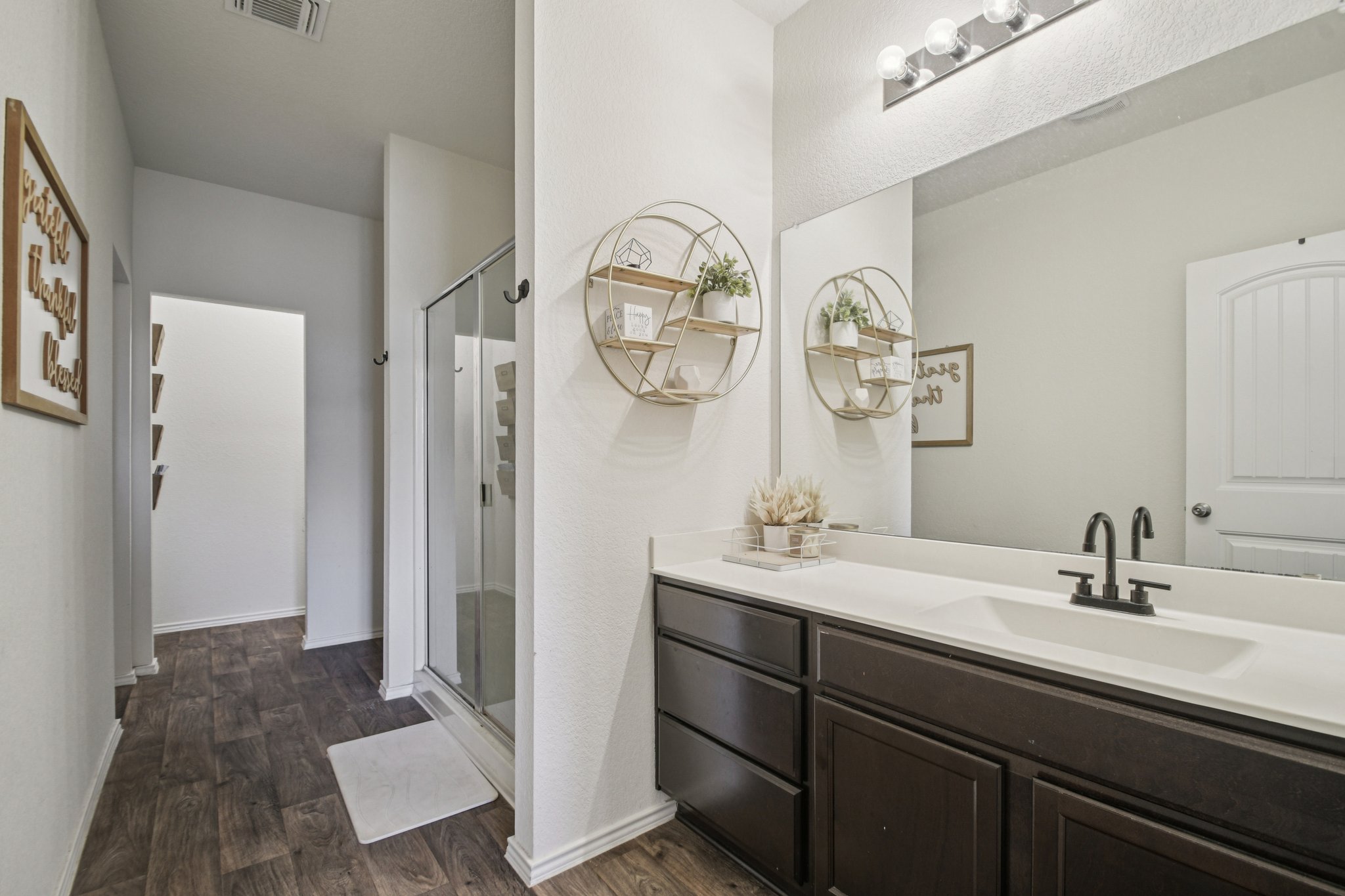 14904 Shalestone Way Manor, TX 78653 - Photo 12 of 23 Primary bathroom with a large walk in shower , vanity, and dark wood-type flooring