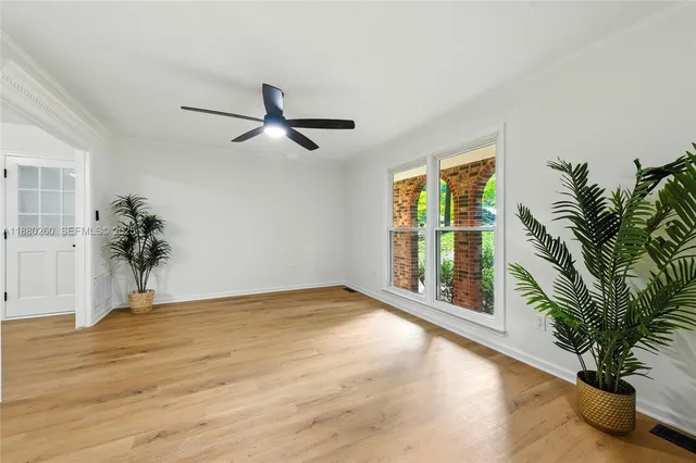 a view of a livingroom with a potted plant and wooden floor