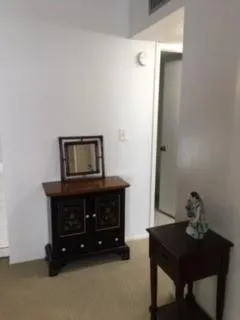 a room with a table and a potted plant